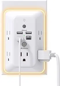 Addtam Surge Protector with Night Light – 5-Outlet Splitter and 4 USB Ports (1 USB-C), Wall Outlet Extender for Home, Office & Dorm