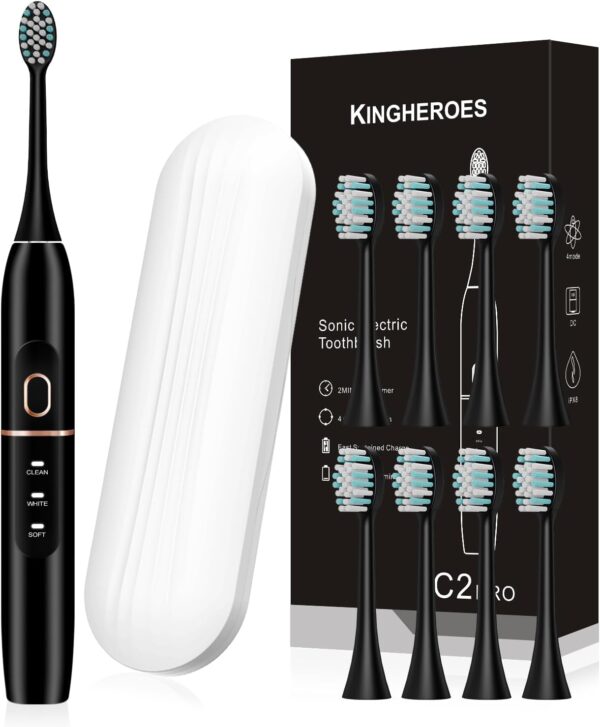 Electric Toothbrush Set with 8 Brush Heads & Travel Case – 4 Modes, Smart Timer, 42000 VPM Motor, 60-Day Battery Life – Black