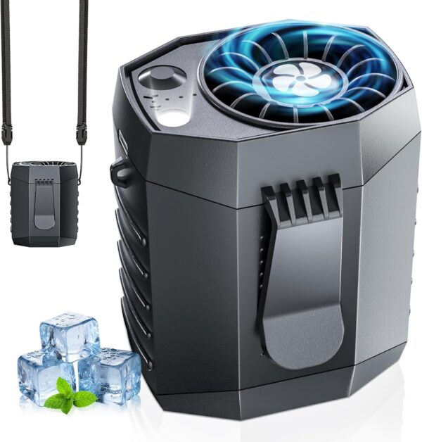 2025 Smart Portable Rechargeable Fan with LED & 25H Runtime – 4-Speed Turbo Cooling Waist Fan for Camping, Outdoor, Hiking – Wearable Clip-On, Black