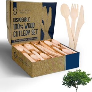 Compostable Cutlery Set – 300 PCS Wooden Utensils [120 Forks, 90 Spoons, 90 Knives] – Eco-Friendly Disposable Wooden Flatware for Parties, Events, Camping & Picnics