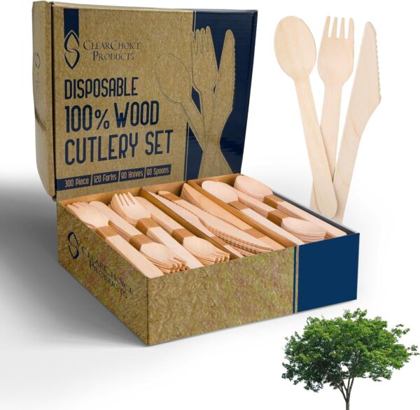 Compostable Cutlery Set – 300 PCS Wooden Utensils [120 Forks, 90 Spoons, 90 Knives] – Eco-Friendly Disposable Wooden Flatware for Parties, Events, Camping & Picnics